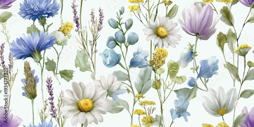 Elegant Wildflower Meadow Seamless Pattern with Blue Bellflowers and Lavender.