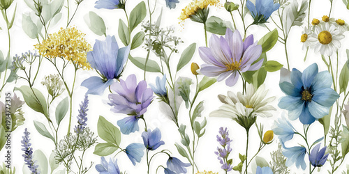 Elegant Wildflower Meadow Seamless Pattern with Blue Bellflowers and Lavender.