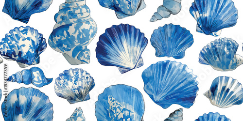 Nautical Blue Watercolor Seashell Seamless Pattern on White Background.