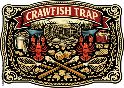 Crawfish Trap Vintage Cajun Badge Vector