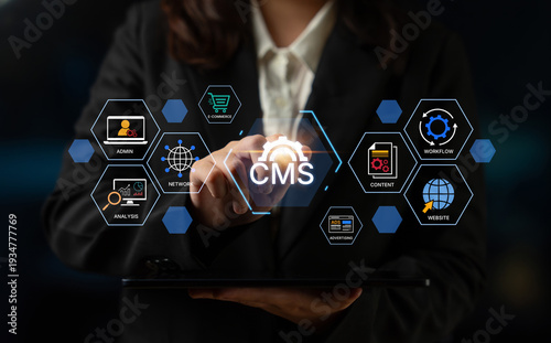 Concept of a Content Management System (CMS). A platform for website administration, digital content creation, workflow management, and e-commerce integration. Fermion