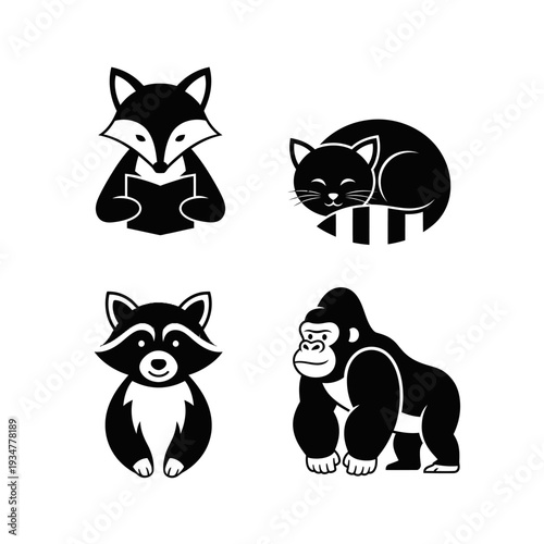 Animal Character Logo Set Black Minimal Vector Icons
