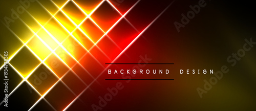 Bright neon lines form geometric shapes. Gradient colors blend from yellow to red, creating dynamic visual effect. Dark background enhances luminosity.