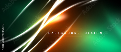 Abstract design features glowing lines, gradients. Dark background contrasts bright orange, green hues. Modern aesthetic.