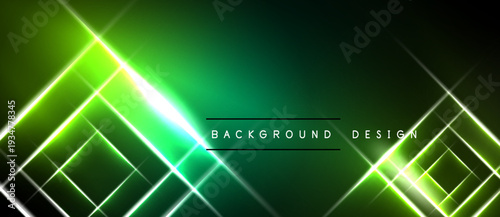 Vibrant green neon lines create abstract geometric patterns over dark background. Modern design element for digital projects.