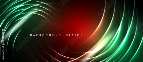 Abstract design features swirling neon lines. Red, green, white colors blend into dark background. Modern aesthetic, dynamic composition.