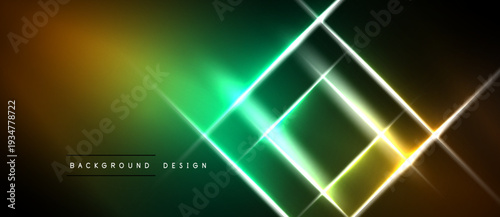 Abstract neon lines create geometric patterns. Vibrant gradients transition from gold to green. Dark background emphasizes glowing shapes.