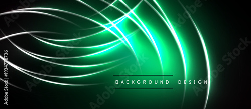 Abstract neon lines create dynamic green glow. Dark background emphasizes bright curves, modern design element.