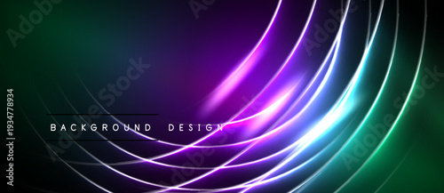 Abstract neon lines create vibrant curves. Dark background emphasizes glowing purple, green, turquoise hues. Modern design element.