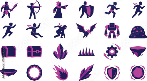Digital gaming assets in a vibrant geometric style, including characters, weapons, and treasures.