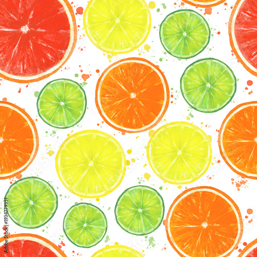Watercolor Citrus Slices Seamless Pattern with Orange, Lemon, Lime and Grapefruit