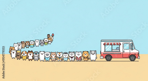 Crowd of adorable cartoon animals gathered around colorful pink ice cream truck on beach vector illustration