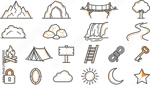 Modern vector icons depicting outdoor, nature, camping, and travel elements with orange accents.