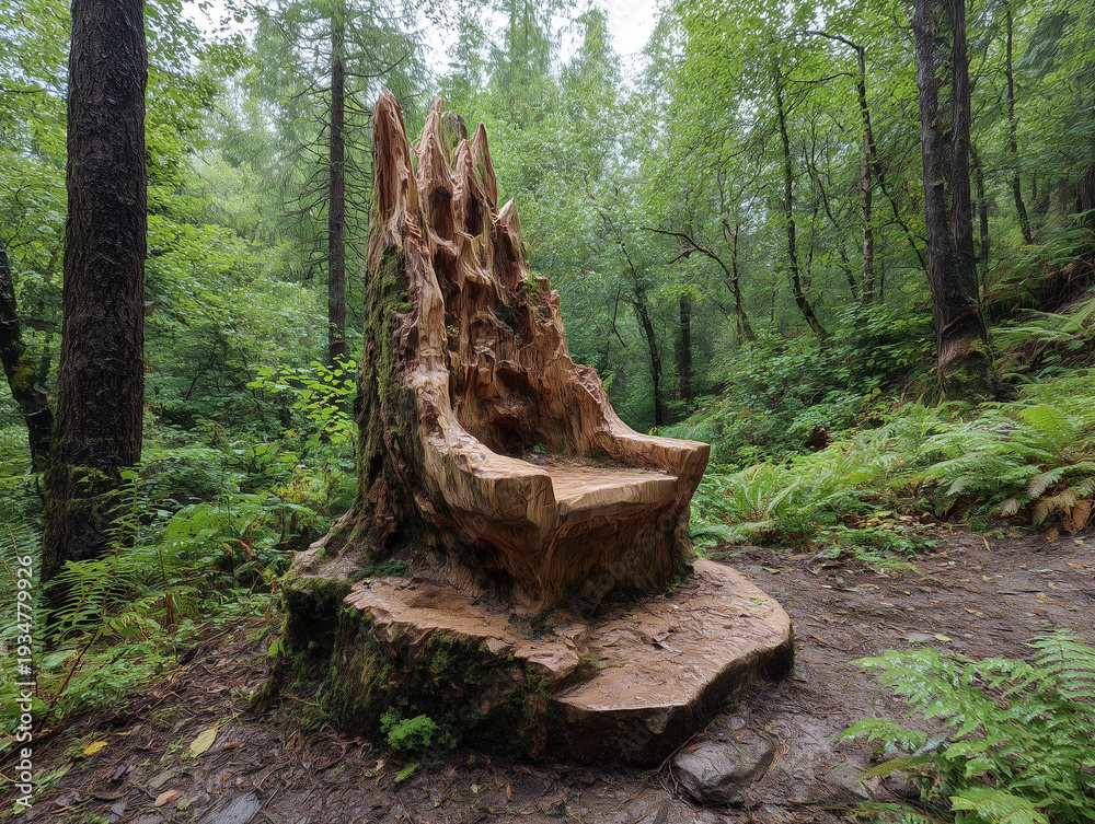 Fototapeta premium Hand carved wooden throne from tree stump in forest