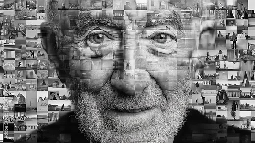 Monochromatic Portrait Montage a creative visual narrative woven with individual story snippets and monochrome aesthetic depth, creating a rich and intriguing image