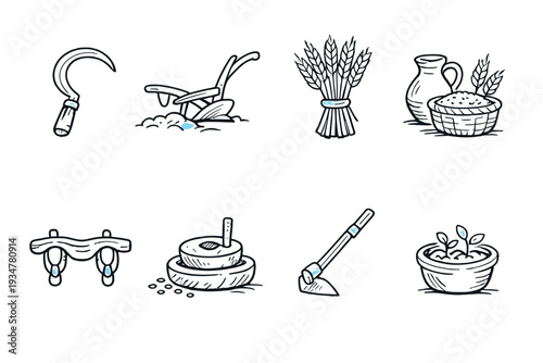 Collection of agricultural tools and harvest icons in a simple line art style