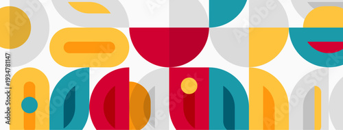 Abstract geometric pattern. Shapes overlap, creating midcentury modern aesthetic. Colors include red, yellow, teal, gray.