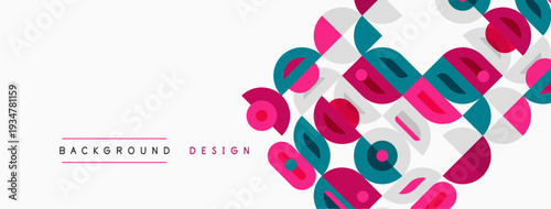Abstract geometric pattern. Overlapping circles, squares create modern design. Pink, teal hues dominate neutral backdrop. Simple, clean aesthetic.