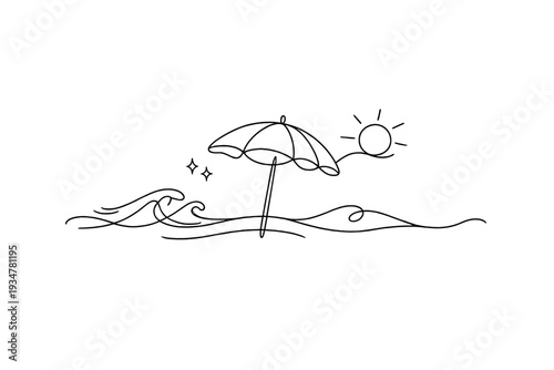 Minimalist line art of a beach scene with waves, sun, and umbrella