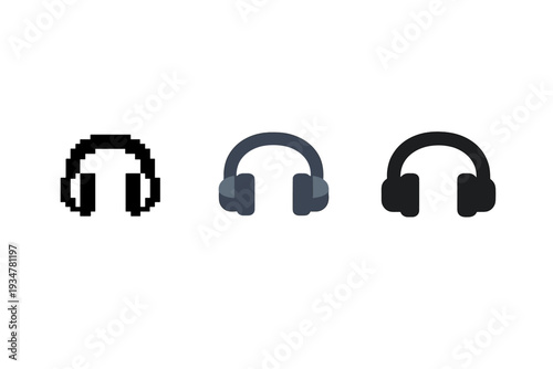 Three distinct headphone icons showing evolution from pixel art to modern flat design