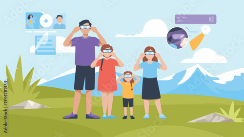 Family wearing virtual reality goggles in a landscape headset