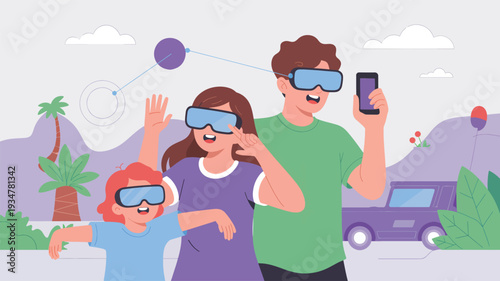 Family wearing virtual reality headsets experiencing digital with a phone vr headset, augmented reality