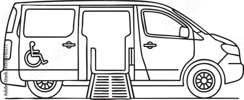 Wheelchair Accessible Van with Extended Ramp and Disabled Symbol Line Art