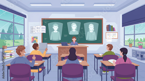 Students in a classroom with a teacher and holographic portraits on the blackboard, school education learning