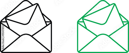 Icon of two envelopes in black and green outline on white background