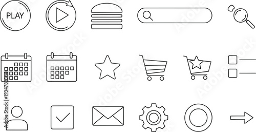Collection of various web and application icons in line art style