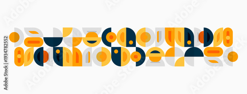 Abstract geometric pattern. Circles, semicircles, rectangles create midcentury modern aesthetic. Warm colors dominate design.