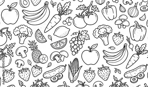 Hand Drawn Fruits and Vegetables Outline Doodle Pattern Background