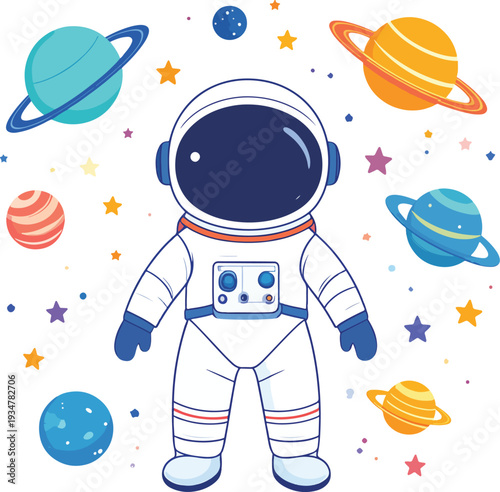 Cute cartoon astronaut character floating in outer space surrounded by colorful planets and stars.