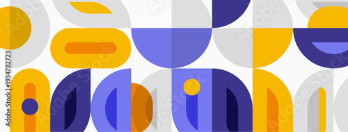 Abstract geometric pattern. Shapes overlap, creating playful visual rhythm. Yellow, purple, gray dominate composition. Clean design.
