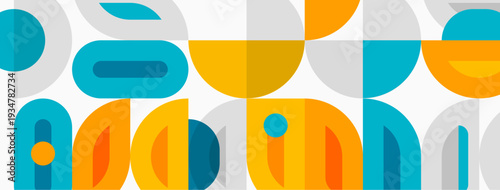 Abstract pattern features overlapping shapes, orange, teal, gray. Modern design evokes retro aesthetic, simple geometry.