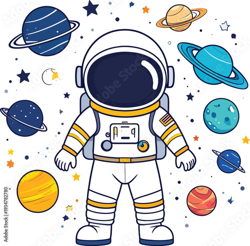 Cute cartoon astronaut in a spacesuit floating in space surrounded by colorful planets and stars of the solar system.