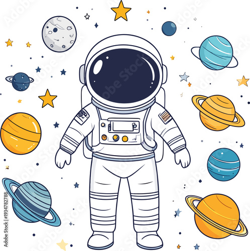Cute cartoon astronaut character in a spacesuit surrounded by planets, the moon, and stars on a white background.