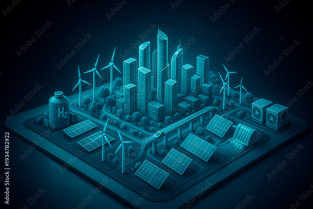 Naklejka premium Digital Smart Energy City with Hydrogen, Solar and Wind Power – Integrated Renewable Energy System