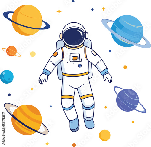 Cute cartoon astronaut floating in outer space surrounded by colorful planets and stars in a vector illustration.