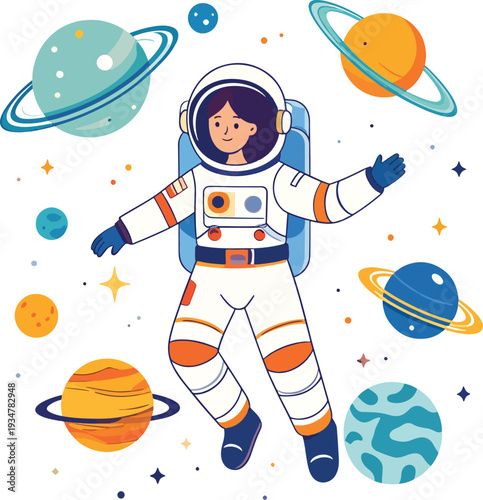 Cartoon illustration of a female astronaut floating in outer space among planets and stars.
