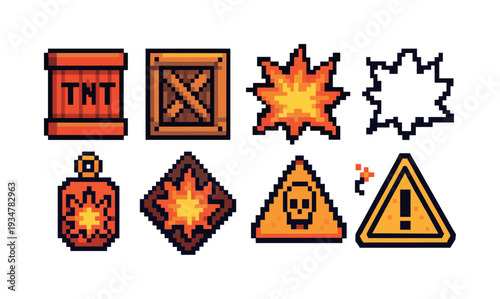 Danger, warning pixel icon set. caution, hazard, safety pixel art icons collection