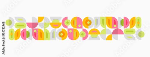 Abstract geometric shapes form colorful text. Circles, rectangles, lines create playful typography. Minimalist design, pastel tones dominate composition.