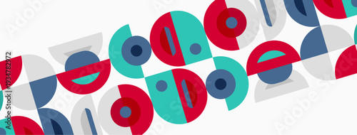 Abstract geometric pattern. Circles, semicircles repeat diagonally. Red, teal, navy colors dominate white background. Modern design element.