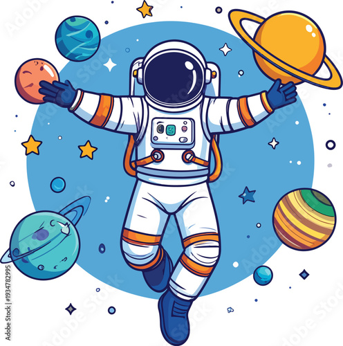 Cartoon astronaut floating in space surrounded by colorful planets and stars.
