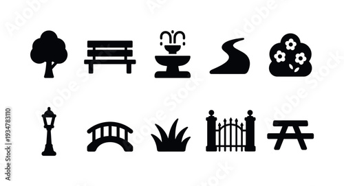 Park and garden silhouette icon set with outdoor, nature, and landscape elements