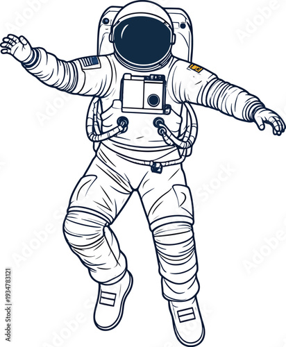 Detailed black and white line art illustration of an astronaut floating in zero gravity.