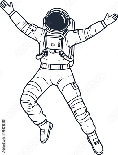 A happy astronaut in a spacesuit floating with arms outstretched in zero gravity.