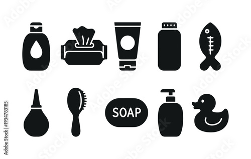 Bathroom essentials solid icon set. hygiene, toiletries icons for daily routine