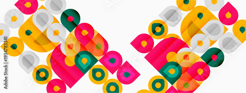 Abstract geometric pattern. Squares, circles overlap creating vibrant, colorful design. Modern aesthetic, simple shapes dominate composition.