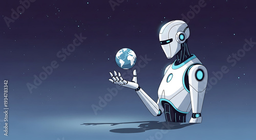 A futuristic robot holding the Earth in its hand against a starry night sky